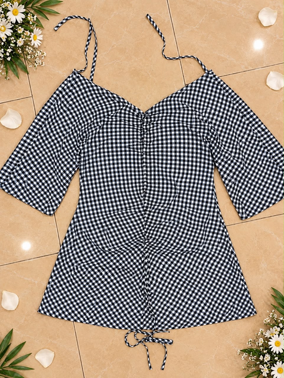 Black & White Gingham Ruched Front Tie-Strap Top