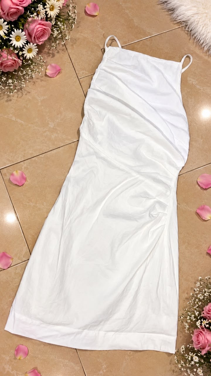 White Ruched Spaghetti Bodycon Midi Dress