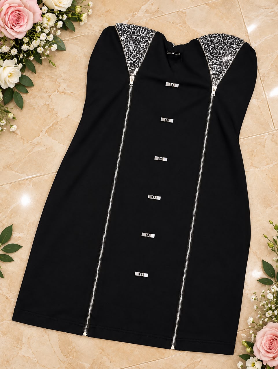 Black Sequin Trim Biker Style Bodycon Party Dress