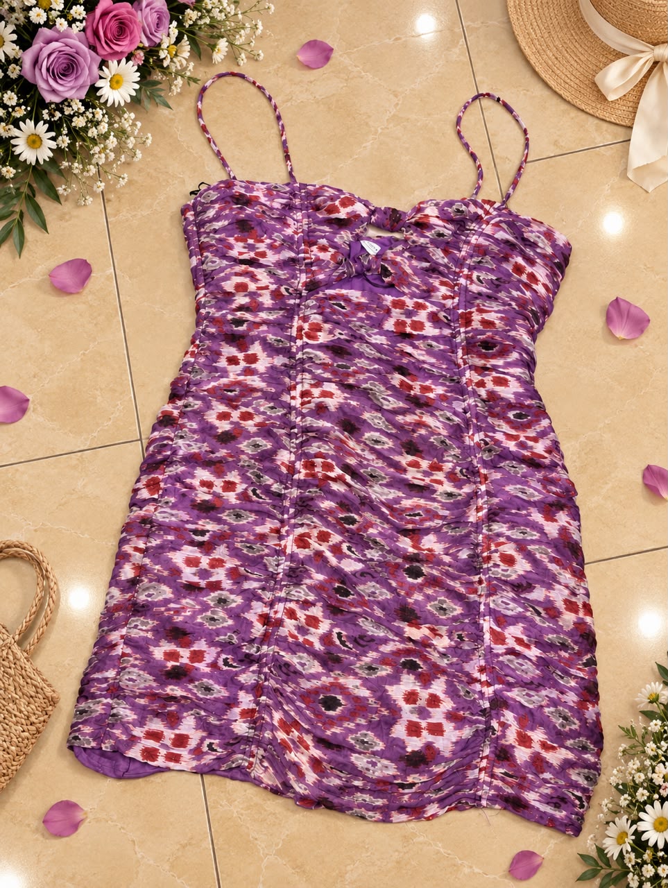 Purple Ikat Ruched Bodycon Mini Dress