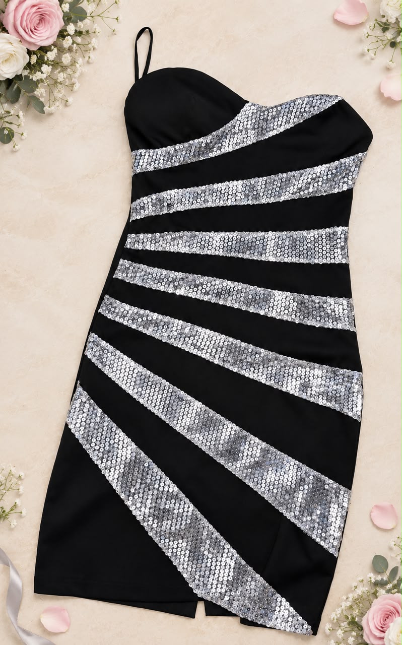 Black & Silver Sequin Striped Party Bodycon Dress