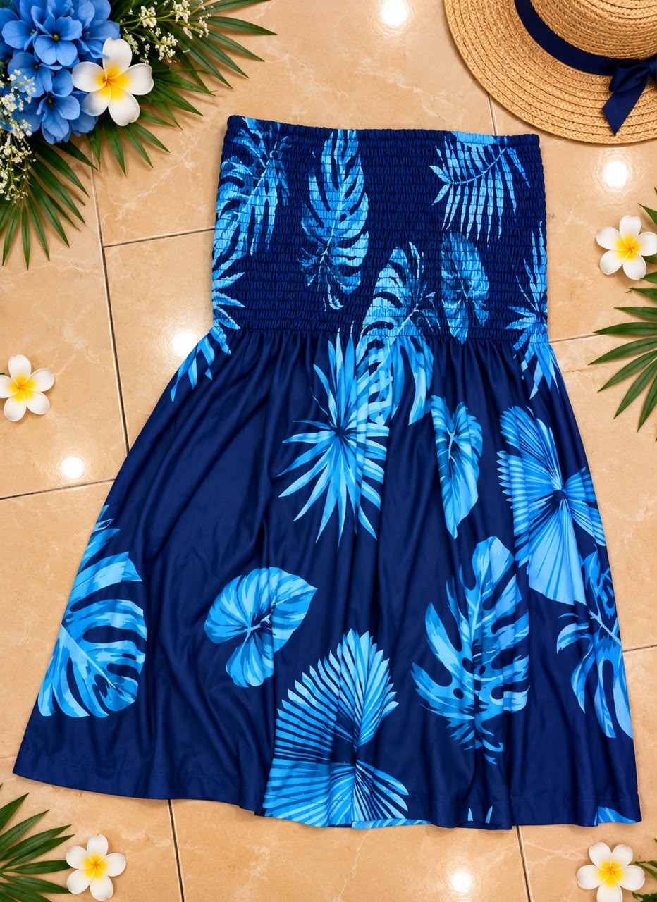 Navy Blue Tropical Leaf Print Shirred Tube Dress